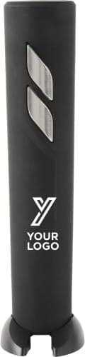 A drink bottle opener in sleek black with a metallic accent and a logo on the front.