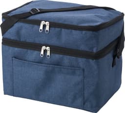 A blue RPET cooler bag with a zipper closure and an adjustable shoulder strap, featuring a front pocket and a logo.