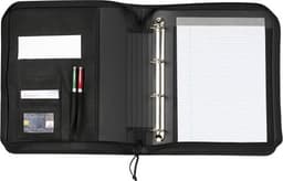 A black polyester folder featuring a binder, notepad, and multiple pockets for cards and pens.