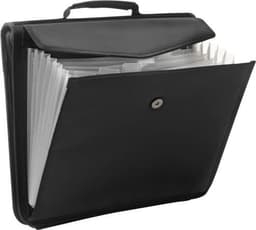 A black polyester folder with a carry handle and multiple clear document pockets. It features a fastening mechanism and branding.