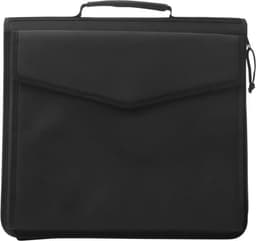 A black polyester (600D) folder featuring a zip closure and handle, suitable for office use.
