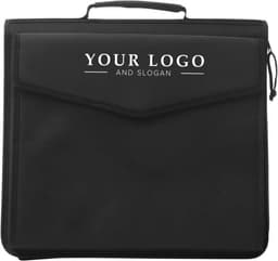 A black polyester folder with a handle and a front flap, featuring a logo on the front.