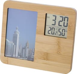 A bamboo weather station in a rectangular shape featuring a digital display for time and weather statistics.