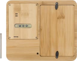 A bamboo weather station in natural wood tones, featuring sensors and a sliding panel, with metal accents.