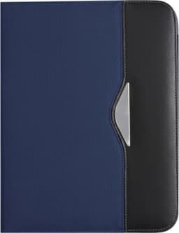 A navy and black nylon folder with a sleek design and a logo on the front.
