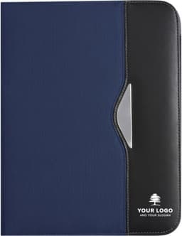 A navy nylon folder with a black accent and a silver detailing, featuring a logo on the front.