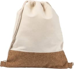 A cotton rucksack in cream with a brown base, featuring a drawstring closure and a simple design.