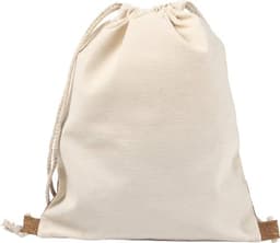 A cotton rucksack in a natural cream colour with a drawstring closure and brown accents at the base.