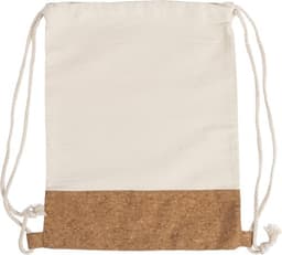 A cotton rucksack in cream with a brown cork base and white drawstrings. It features a simple design with an unembellished front.