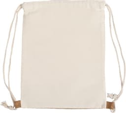 A cream cotton rucksack with drawstring closures and tan accents at the bottom. It features a simple design and a logo.