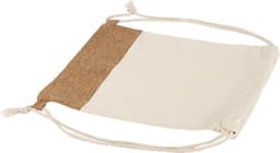 A cotton rucksack featuring a beige body with a cork accent at the top. It has adjustable drawstring closures.