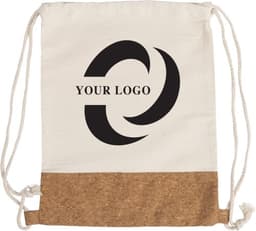 A cotton rucksack with a cream upper section and a cork bottom, featuring a logo. It has drawstring closures.