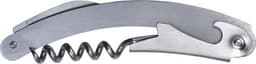 A stainless steel waiter's knife featuring a corkscrew, bottle opener, and a sleek design. It has a logo on the handle.