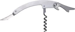 A stainless steel waiter's knife featuring a bottle opener, corkscrew, and a curved blade, with a simple, sleek design.