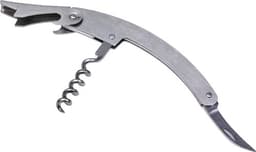 A stainless steel waiter's knife featuring a corkscrew, bottle opener, and small knife, all in a sleek metallic finish.