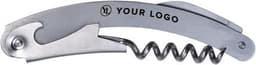 A stainless steel waiter's knife featuring a corkscrew and a bottle opener, with a logo on the side.