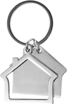 A silver zinc alloy key holder featuring a house-shaped design and a keyring attachment. It includes a branding logo.