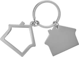 A silver zinc alloy key holder featuring a house-shaped charm and an outline of a house design.