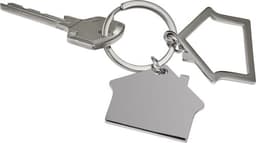 A zinc alloy key holder with a house-shaped charm and a metal key attached, featuring a polished silver finish.