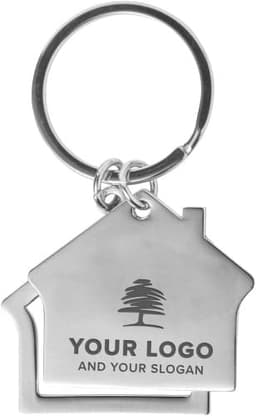 A silver zinc alloy key holder shaped like a house, featuring a circular keyring and a logo.