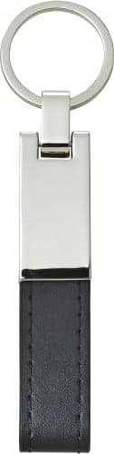 A sleek steel and black PU key holder featuring a circular keyring and a polished metal finish.