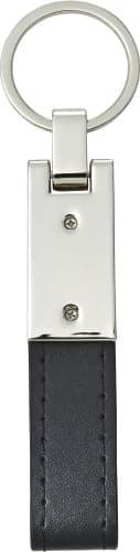 A steel and PU key holder featuring a silver-tone metal frame and a black leather strap.