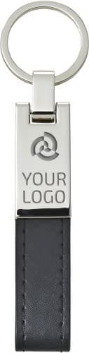 A steel and black PU key holder with a metal ring and a branded plate.