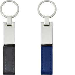A steel and PU key holder featuring a black and a blue strap, each with a metal keyring attachment.