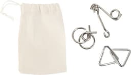 A white cotton pouch with a drawstring, containing various metal hooks and clips.