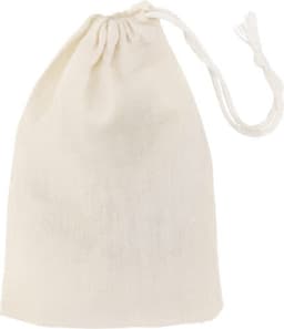 A cream cotton pouch with a drawstring closure, featuring a textured fabric for added interest.