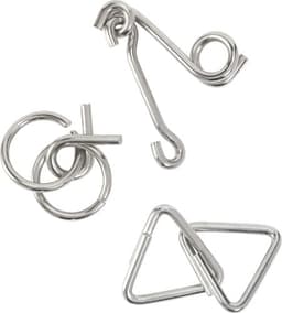 A collection of silver metal connectors, including a hook, loops, and triangular shapes.