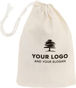 A cream cotton pouch featuring a drawstring closure and a logo design. Perfect for storing small items.