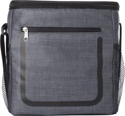 A grey PU cooler bag with a front zipper pocket and a mesh side pocket, featuring a sleek design and strap.