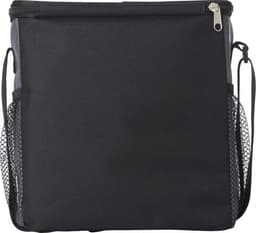A black PU cooler bag with side mesh pockets and a zippered closure. It has a simple, modern design.