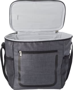 A grey PU cooler bag with a zippered opening and side mesh pockets. The interior is lined for insulation.