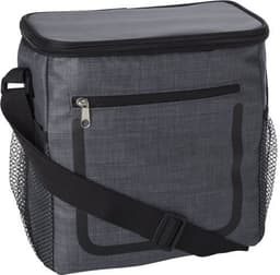 A grey PU cooler bag with a zip closure, featuring a front pocket and a mesh side pocket, includes an adjustable strap.