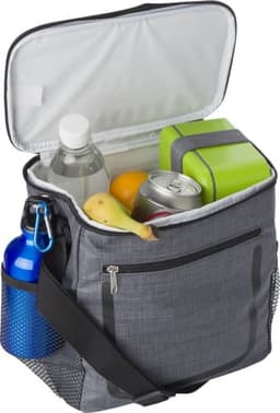 A grey PU cooler bag with a drink bottle, a can, a snack, and fruit inside, featuring a shoulder strap and a side pocket.