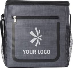 A grey PU cooler bag with a front pocket and mesh side pockets, featuring a logo.
