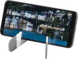 A white ABS tablet and mobile phone holder displaying a phone in a landscape orientation.