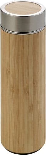 A drink bottle with a bamboo exterior and stainless steel double wall, featuring a sleek design and a silver cap.