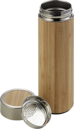 A drink bottle featuring a bamboo exterior and stainless steel double-walled design, with a removable lid.