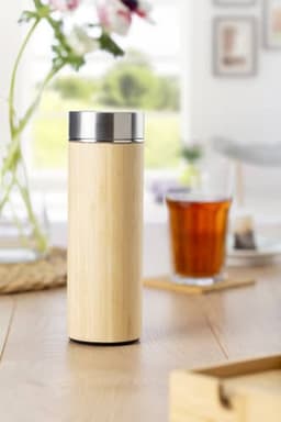 A drink bottle made of bamboo and stainless steel, featuring a sleek double-walled design.