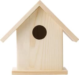 A wooden birdhouse kit with a plain, natural finish and a circular entrance hole. It features a sloped roof design.