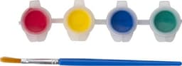 A set of four paint pots in red, yellow, blue, and green, accompanied by a small paintbrush.