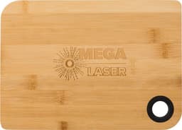 A bamboo cutting board with a rounded corner and a hole for hanging, featuring a logo emblem.