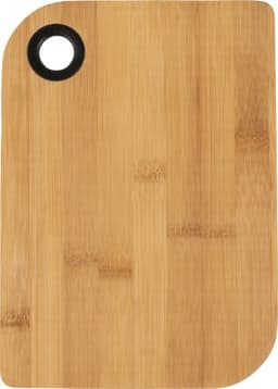A bamboo cutting board with a rounded edge and a hanging hole, showcasing natural wood tones.