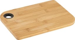 A bamboo cutting board with a rectangular shape and a circular hole, featuring a natural wood finish.