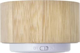 A bamboo speaker featuring a natural wood finish and a white base with an on/off switch.