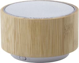 A bamboo Bluetooth speaker with a round design and a mesh top, featuring a grey base.