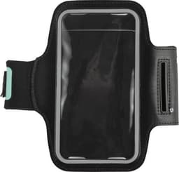 A black EVA phone arm band featuring a clear front window and adjustable strap, suitable for holding a smartphone.